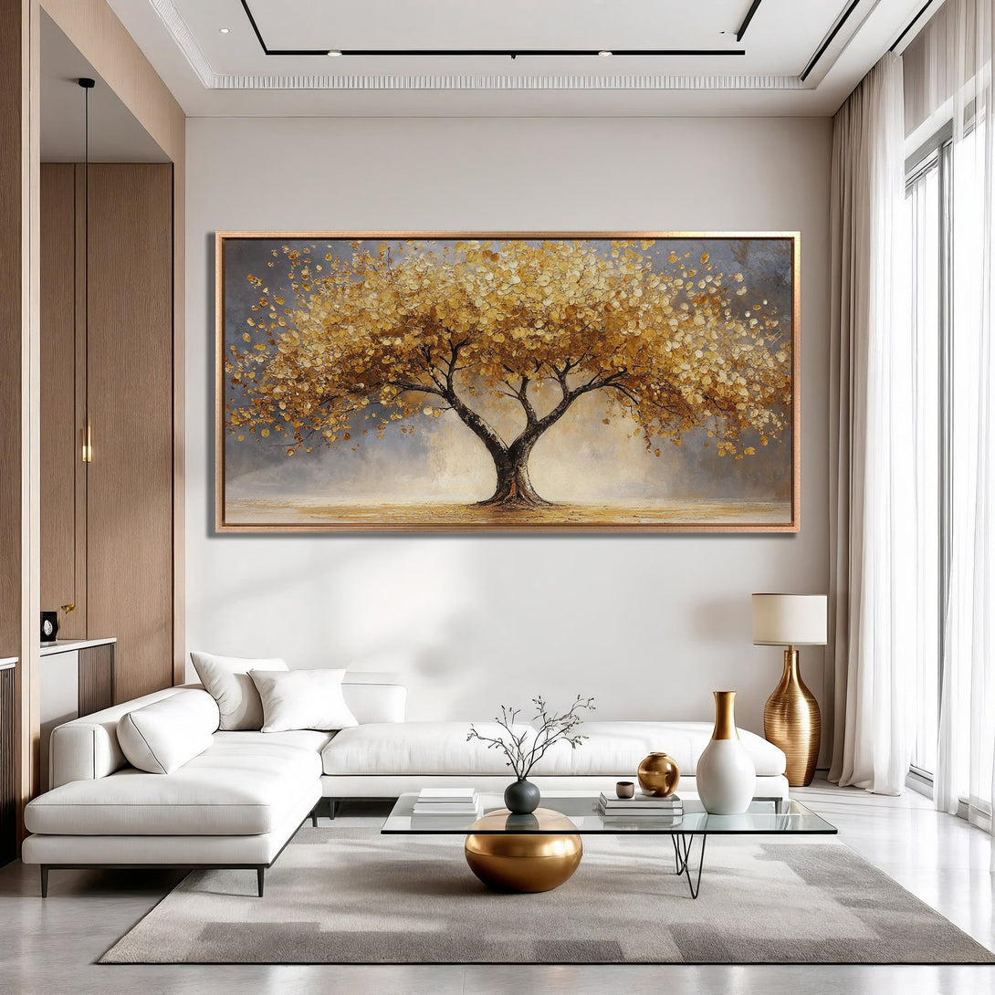 Framed Wall Art of a golden tree in a modern living room. Warm, inviting color palette. Add elegance to your space with this canvas print.