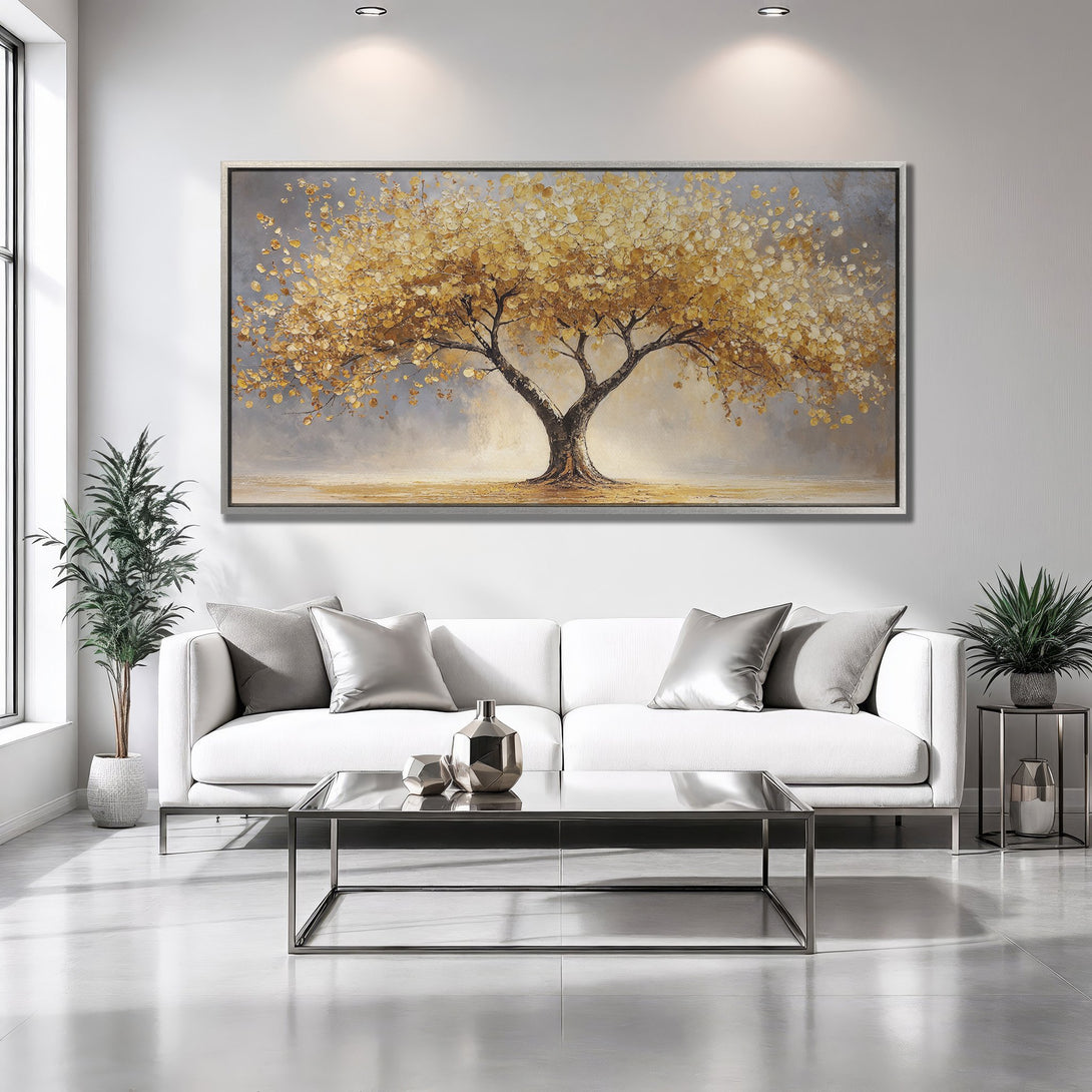 Framed Wall Art: Stunning gold tree art print in a modern living room. Neutral palette with pops of gold. Elevate your space!