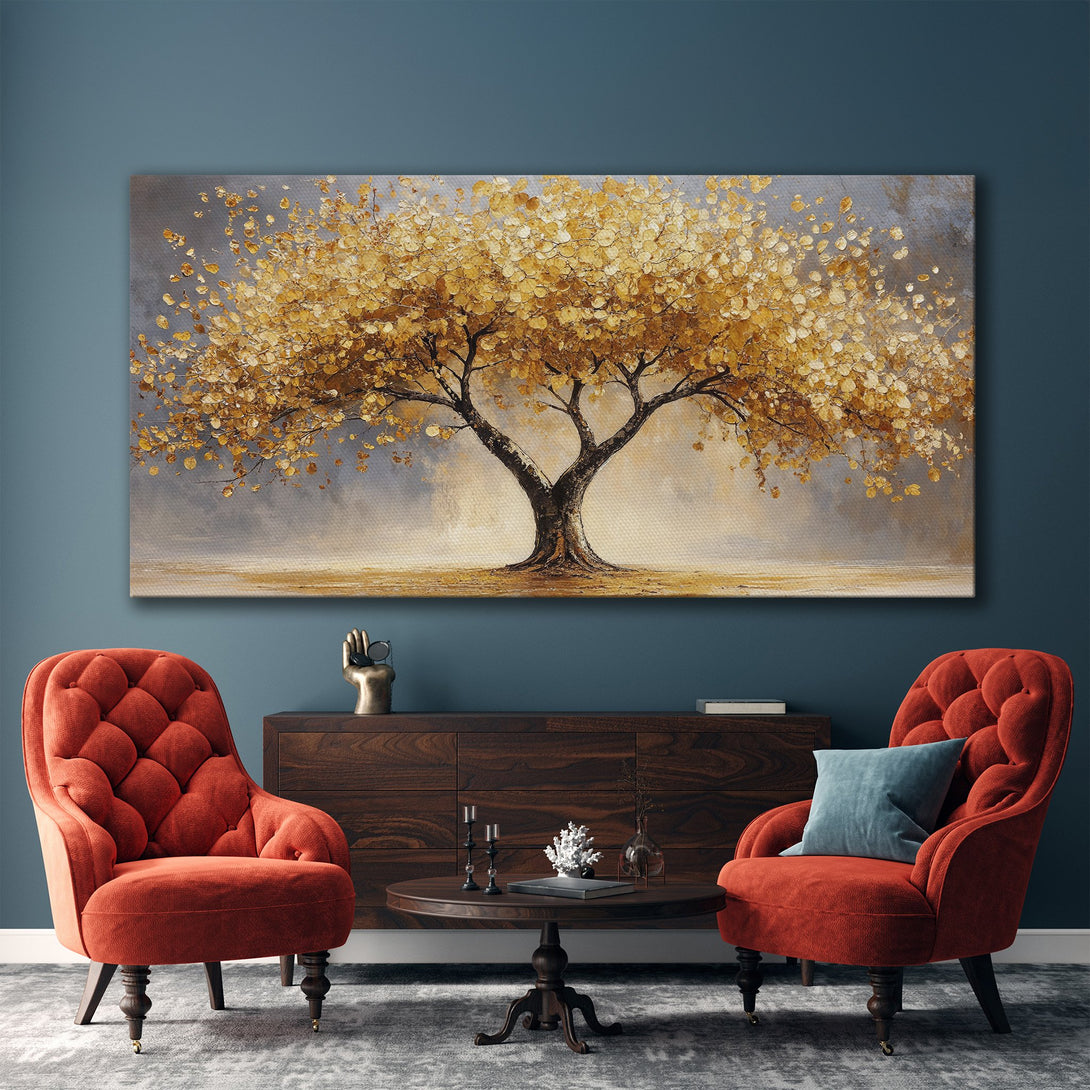 Framed Wall Art: Stunning golden tree painting in a modern living room. Warm color palette, perfect for adding a touch of elegance and nature to your space.