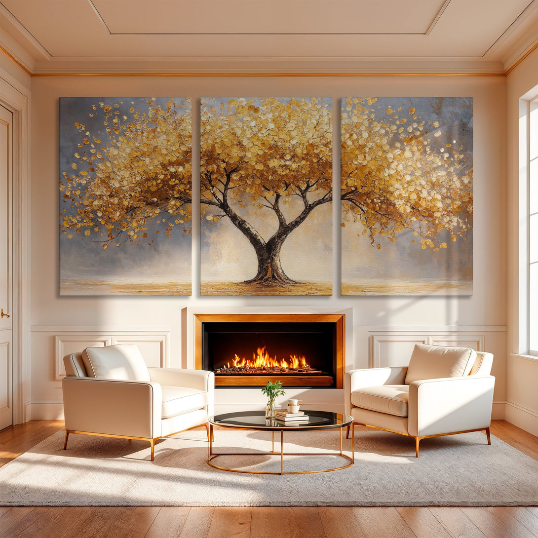 Canvas Print of a golden tree in an interior. Abstract style with warm gold and gray tones. Perfect for modern home decor.