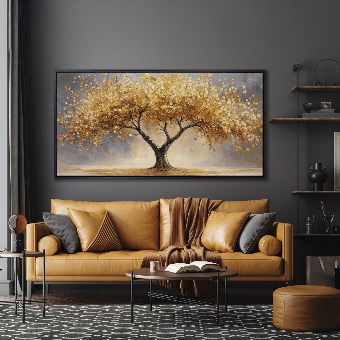 Framed Wall Art of a golden tree in an interior. Abstract style with warm gold and neutral gray tones. Perfect for living room decor.