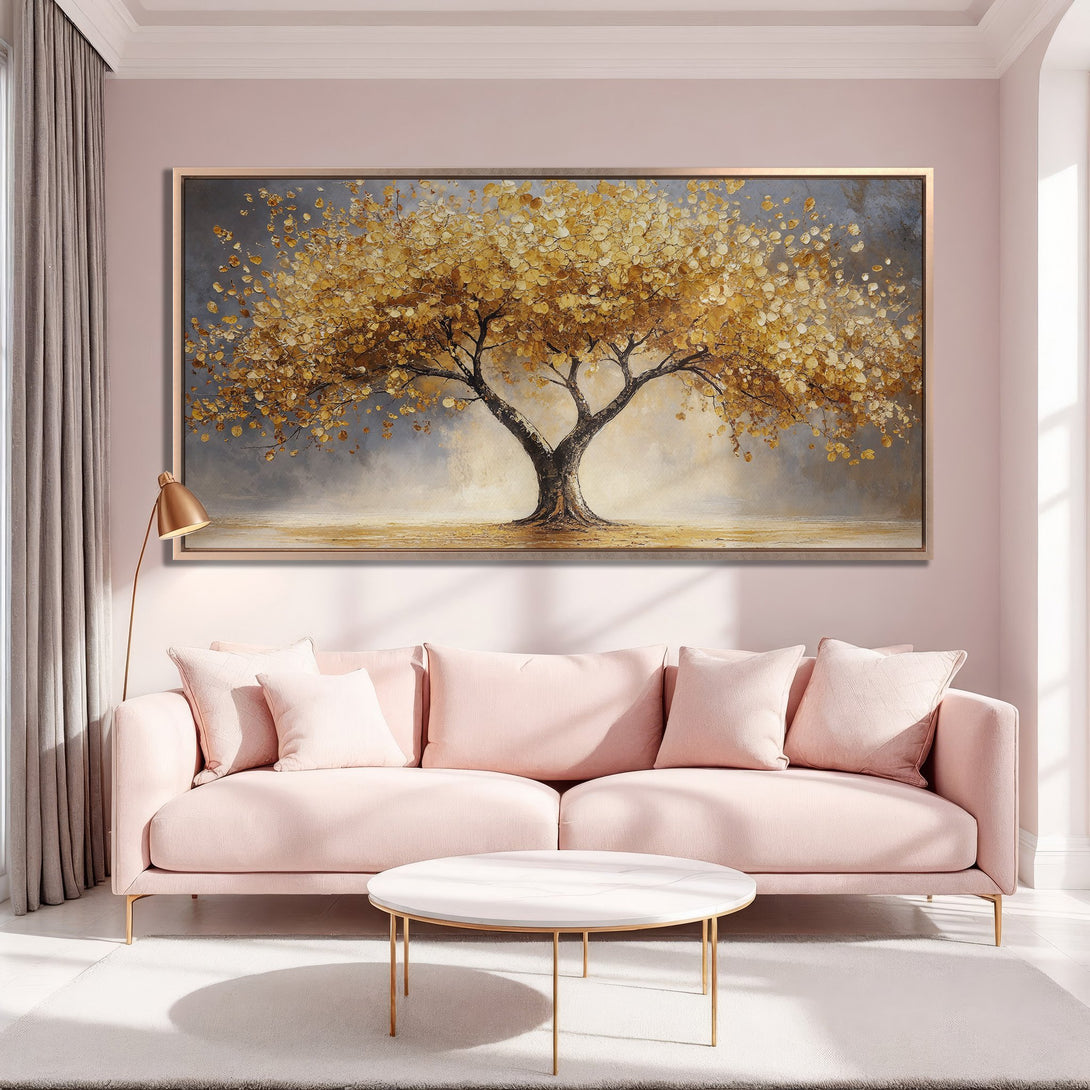 Framed Wall Art: Stunning gold tree art print in a modern living room. Warm, inviting color palette with pink and gold accents.