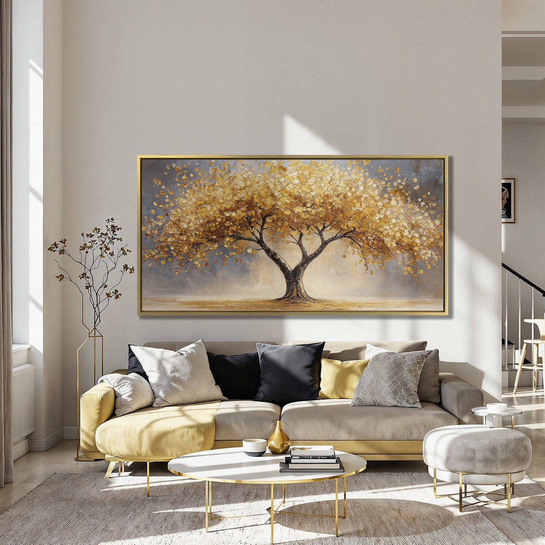 Canvas Print of a golden tree artwork in a modern interior.  Warm color palette with shades of gold, brown, and blue.  Elevate your space with art!