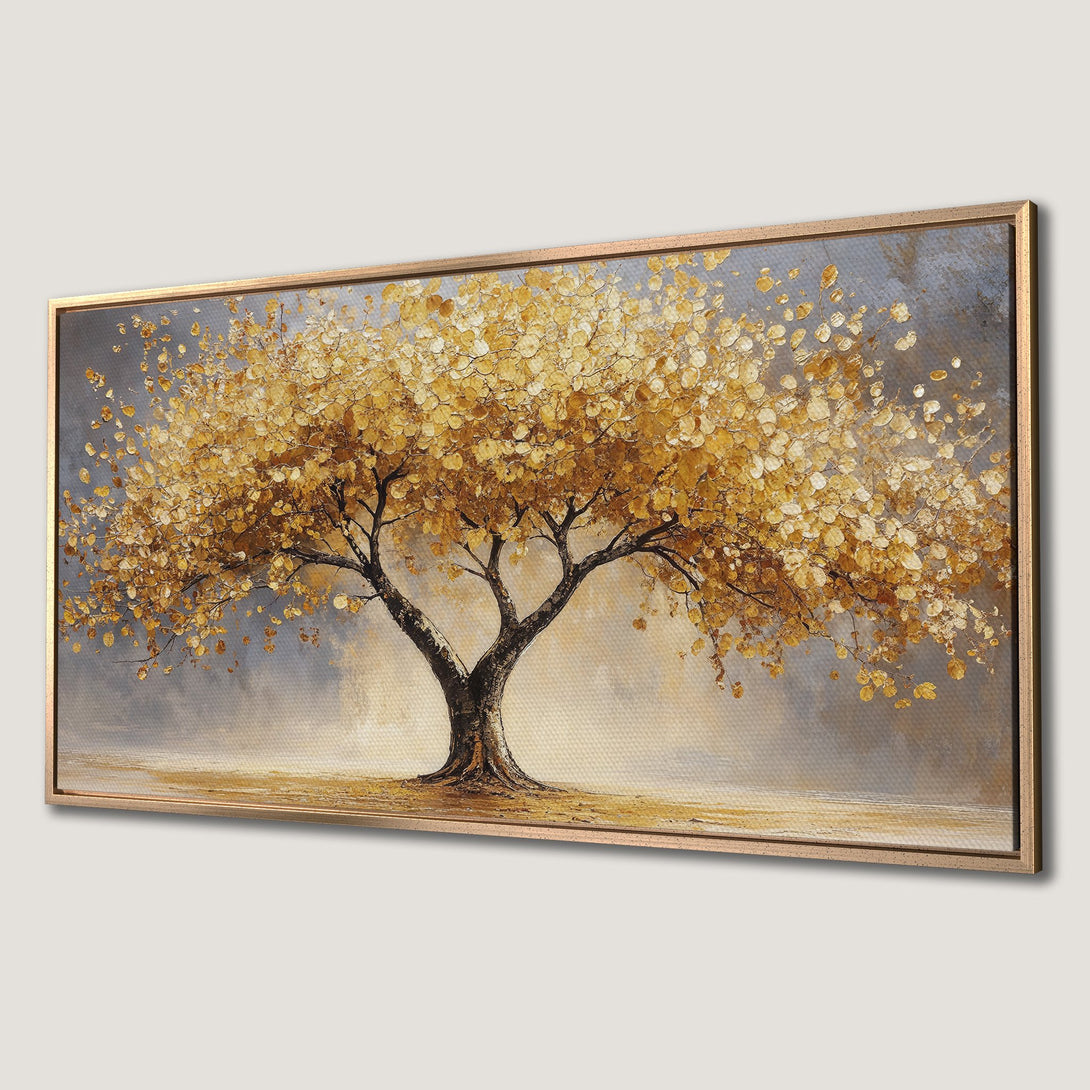 Framed Wall Art: Stunning gold leaf tree painting on canvas. Elegant, modern art with a warm neutral color palette. Perfect for living room decor.