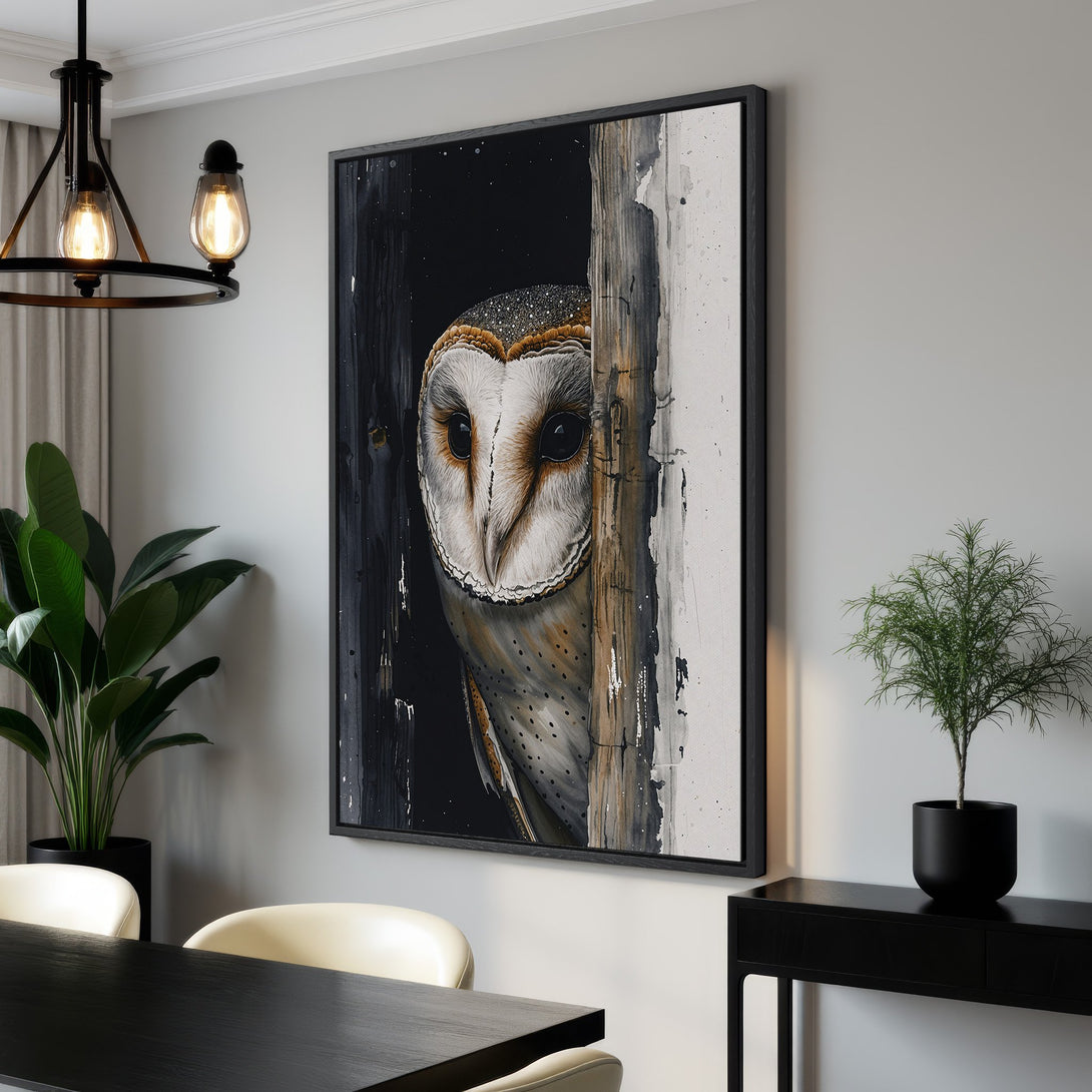 Framed Wall Art: Stunning owl portrait in a modern style. Neutral color palette with black frame. Perfect for adding a touch of elegance to your home decor.