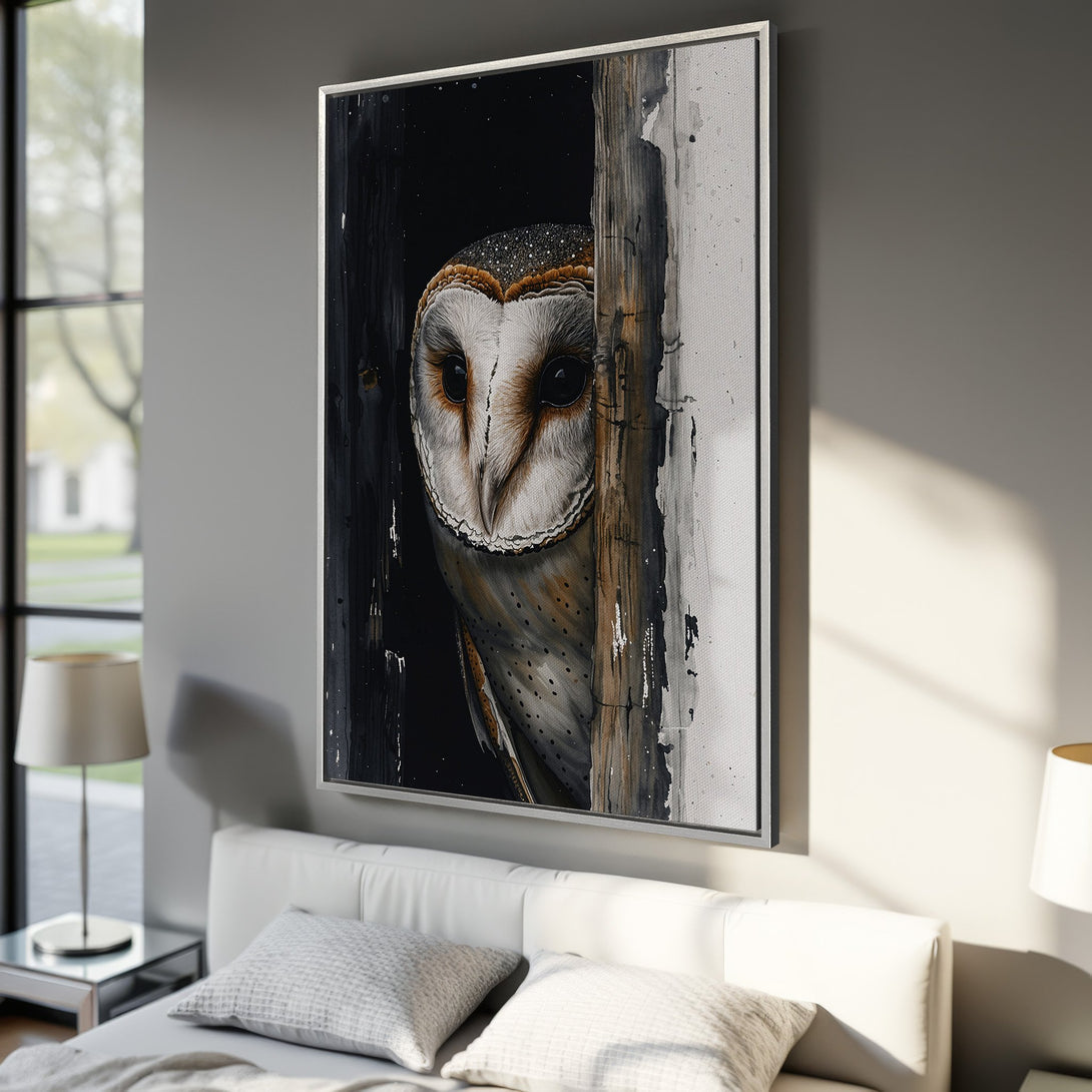 Framed Wall Art featuring a captivating owl painting in a neutral color palette. Perfect for adding a touch of nature-inspired art to your bedroom decor.