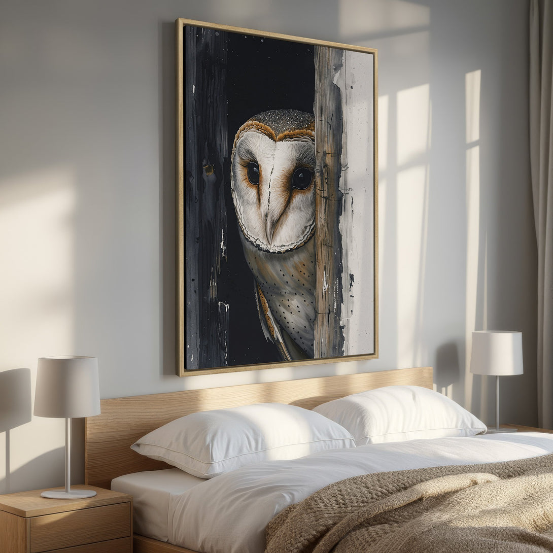 Framed Wall Art featuring a captivating owl portrait in a neutral color palette. Perfect for adding a touch of nature-inspired elegance to your bedroom decor.