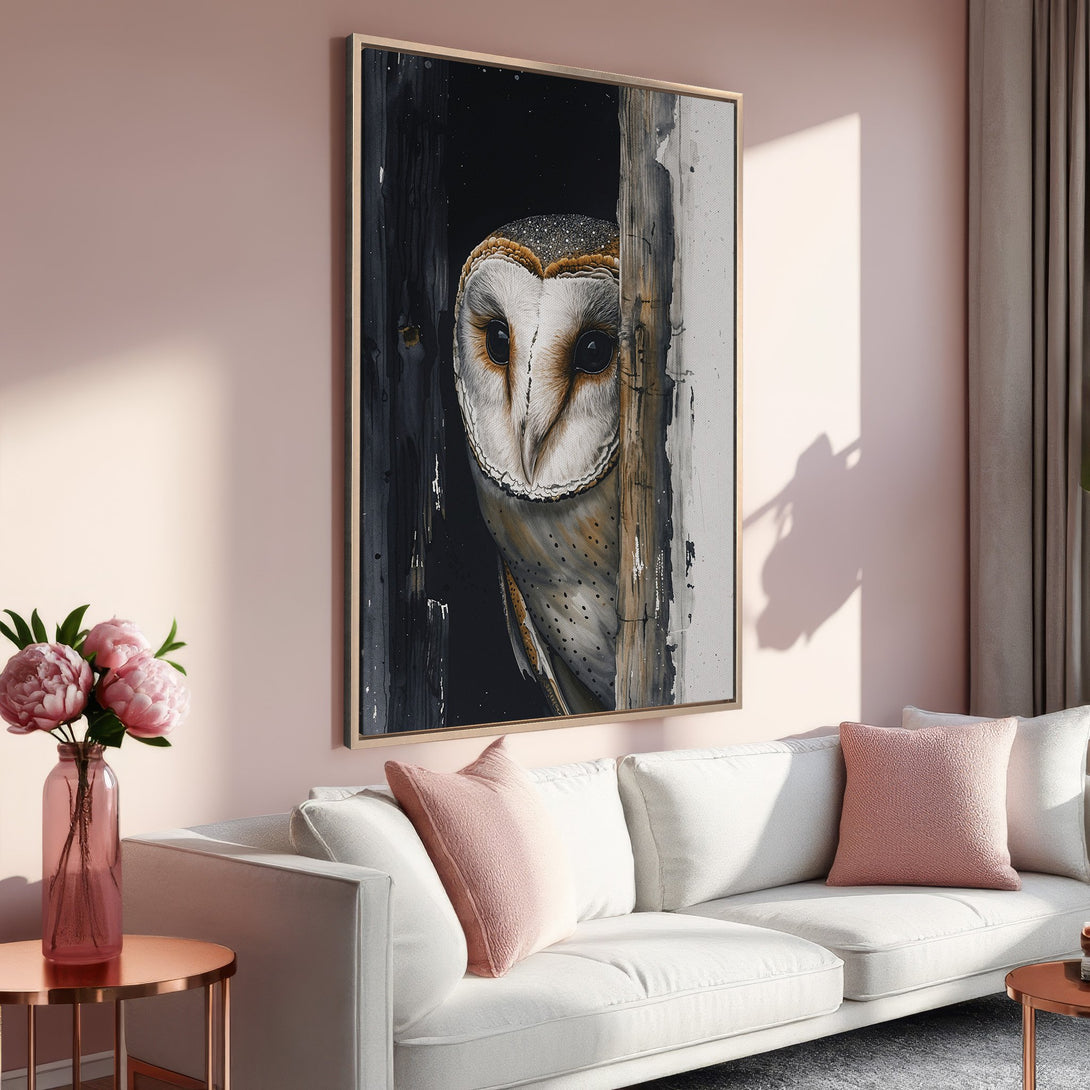 Framed Wall Art: Stunning owl portrait in a neutral color palette. Perfect for adding a touch of nature and elegance to your living room decor.