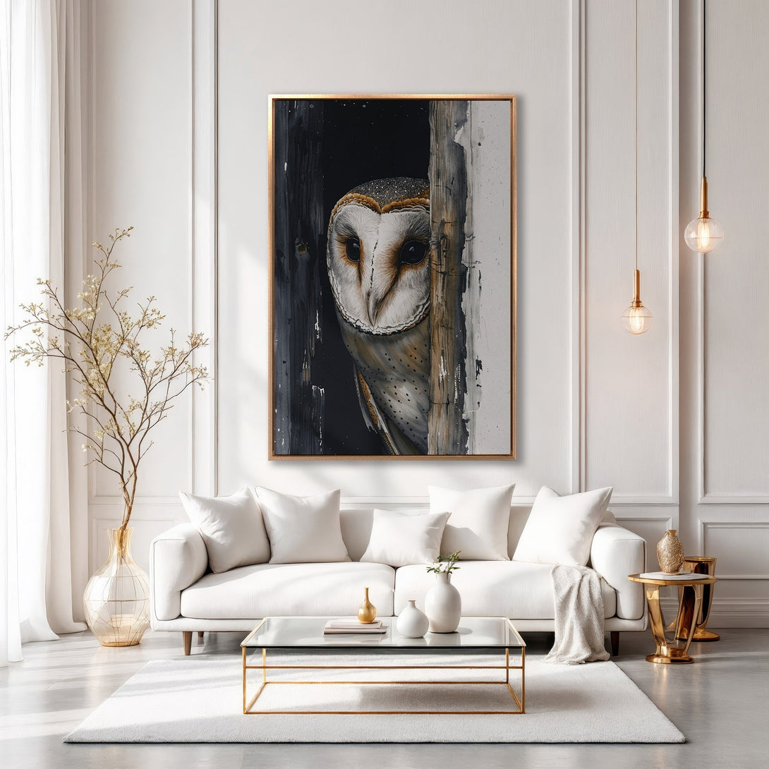Framed Wall Art: Stunning owl portrait in neutral tones. Elegant, modern decor for your living room. Add a touch of nature-inspired art to your space.