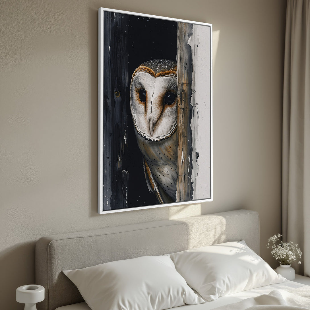 Framed Wall Art: Stunning barn owl portrait in a neutral color palette. Add a touch of nature-inspired art to your bedroom decor. Shop now!