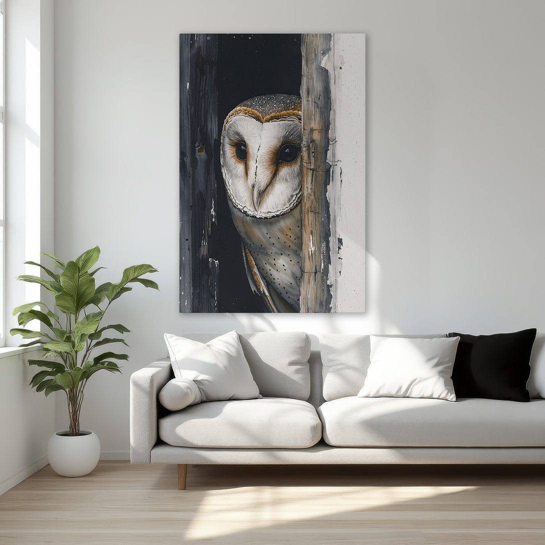 Framed Wall Art: Watercolor owl painting in a gold frame. Neutral color palette with black, white, and brown tones. Perfect for bedroom decor.