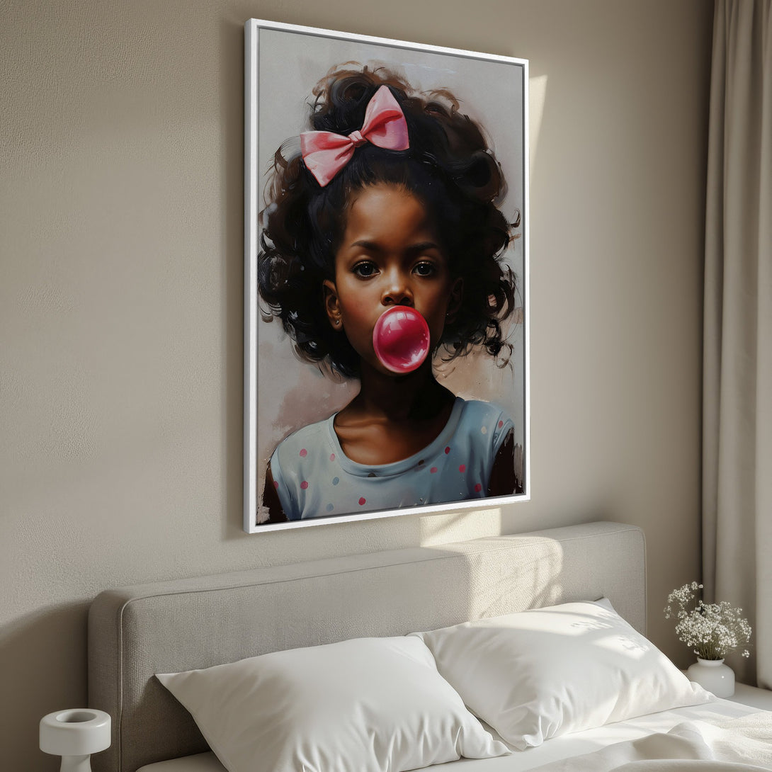 Framed Wall Art: Portrait of a young girl blowing a bubblegum bubble, soft pastel colors, displayed in a bedroom. Perfect for kids' rooms!