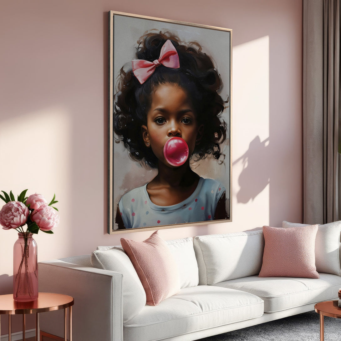 Framed Wall Art: Portrait of a girl blowing a bubblegum bubble in a soft, painterly style. Pink and neutral color palette, perfect for adding a touch of elegance.