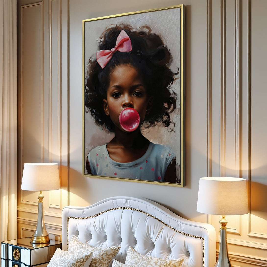 Canvas Print featuring a portrait of a girl blowing a bubblegum bubble. Soft color palette with pink and neutral tones. Perfect for home decor.