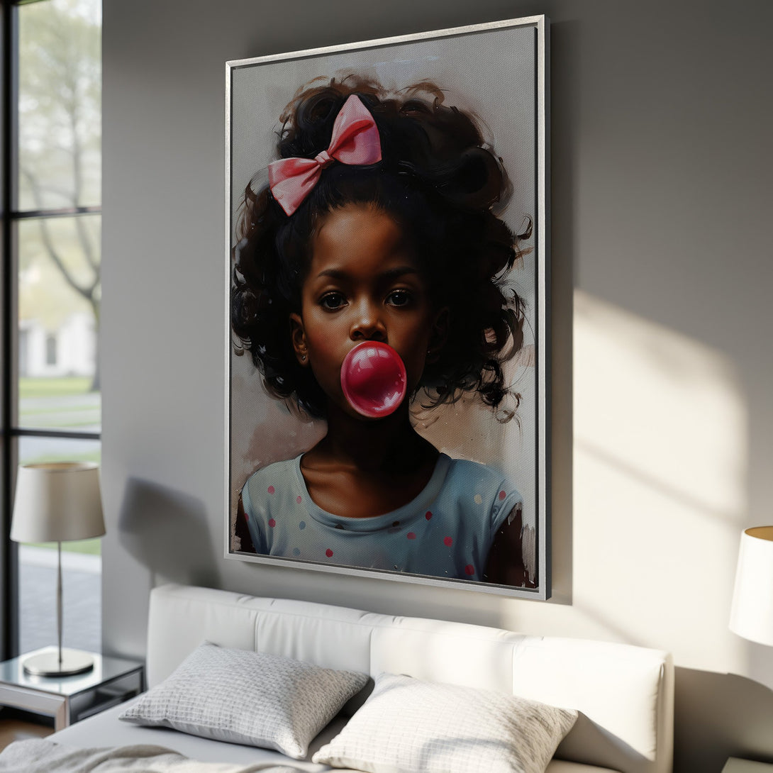 Framed Wall Art: Portrait of a young girl blowing bubblegum, painted in a soft, painterly style. Features a pink bow and bubblegum against a neutral color palette.
