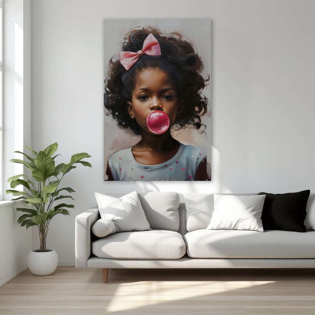 Framed Wall Art: Portrait of a young girl blowing a bubblegum bubble. Soft, painterly style with pink and neutral color palette. Perfect for bedroom decor.