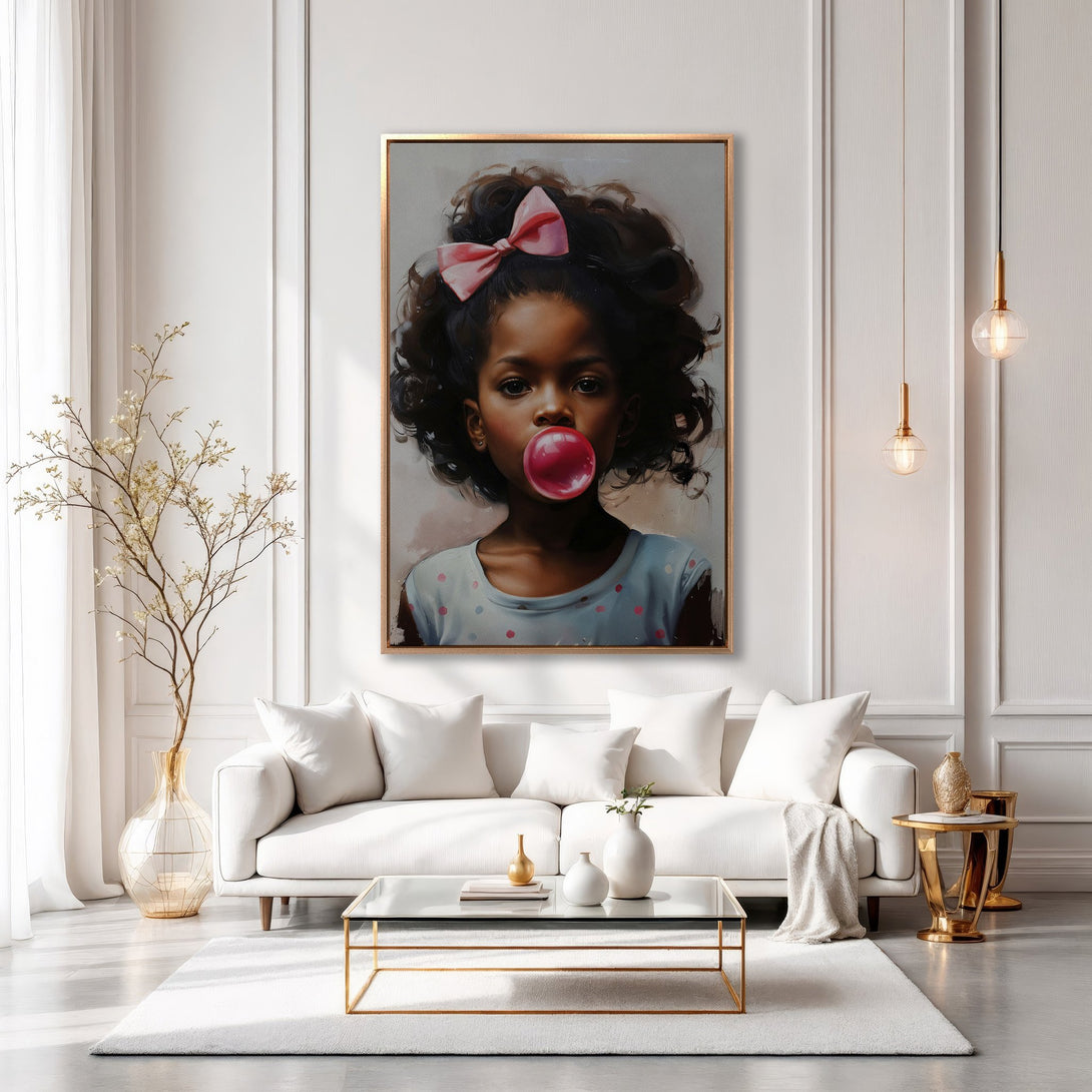 Framed Wall Art: Portrait of a girl blowing a bubblegum bubble. Soft, warm color palette in a modern interior. Add art to your home!
