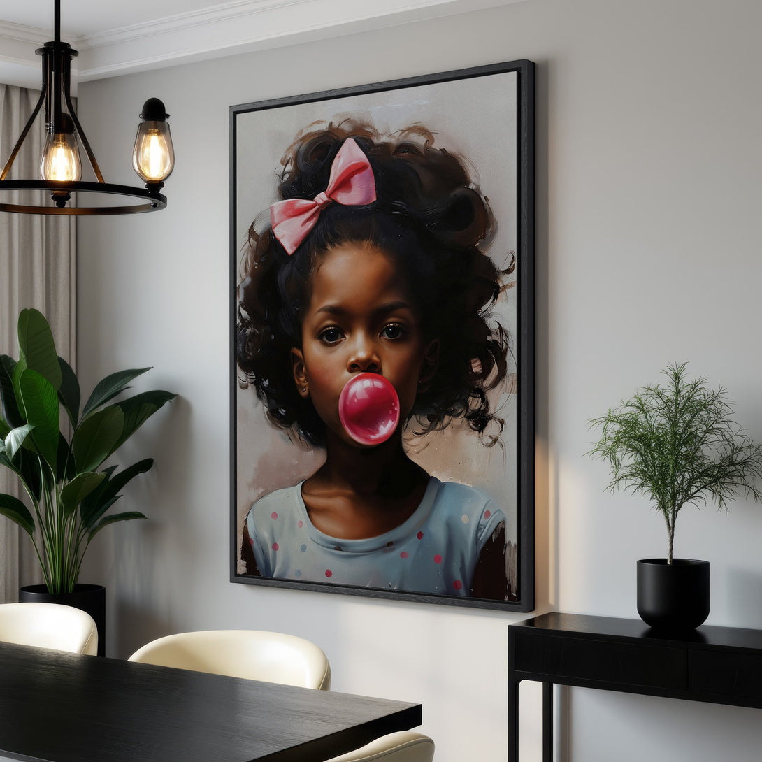 Framed Wall Art: Portrait of a young girl blowing a bubblegum bubble, soft pastel colors. Perfect for adding a touch of whimsy to your space!
