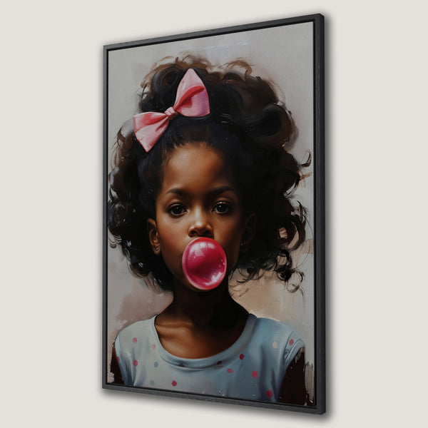 Framed Wall Art: Portrait of a girl blowing a bubblegum bubble. Modern art with a warm color palette. Perfect for kids' rooms or nurseries.