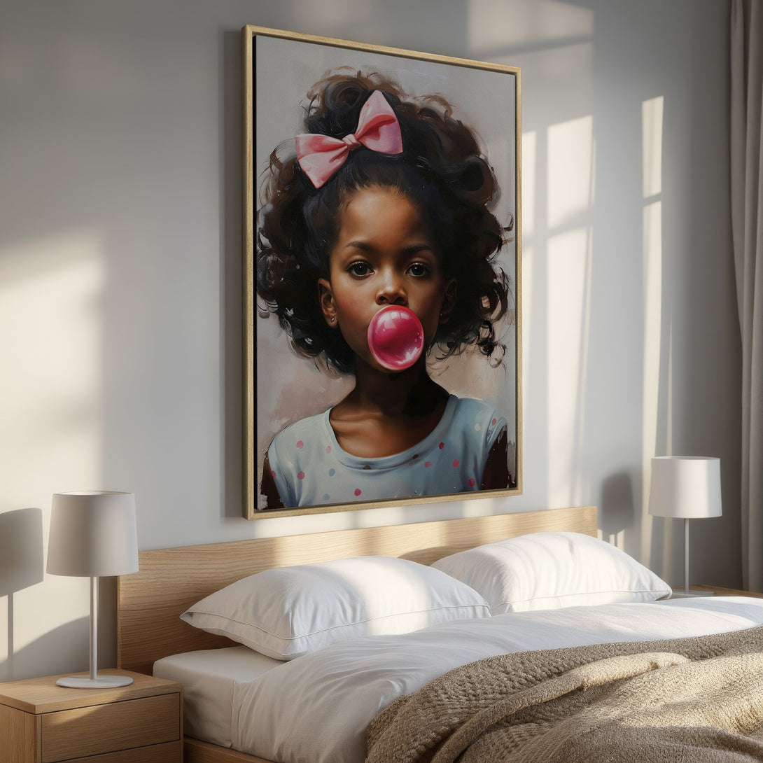 Framed Wall Art featuring a portrait of a young girl blowing a bubblegum bubble. Soft, painterly style with a neutral color palette, perfect for bedroom decor.