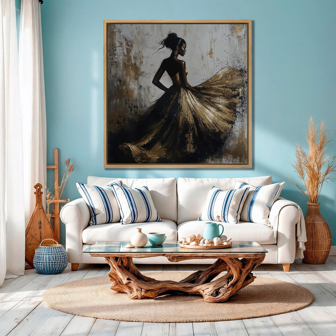 Framed Wall Art: Elegant woman in gold dress, abstract style, displayed in a coastal-themed living room. Gold, black, and neutral tones. Perfect home decor.