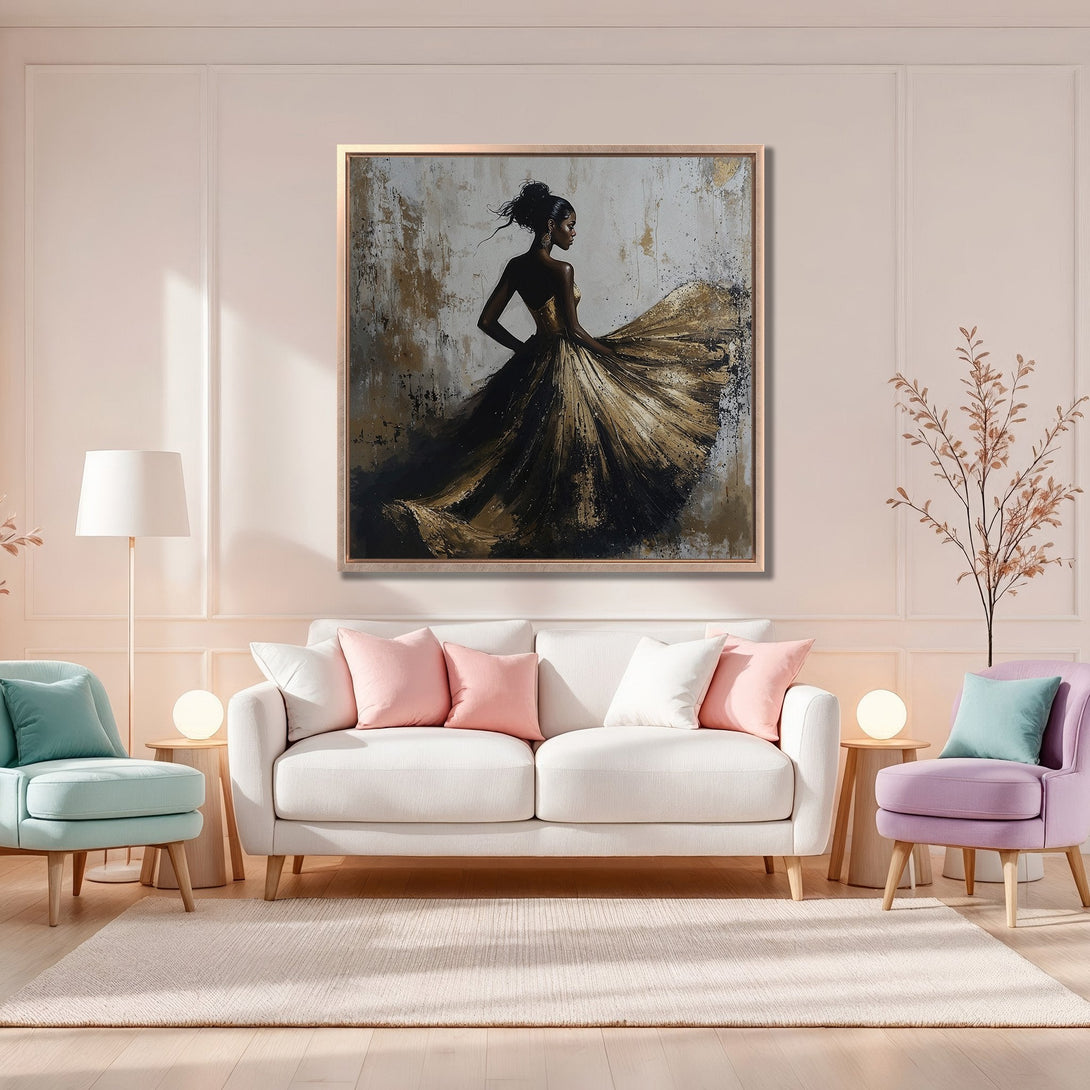 Framed Wall Art: Elegant woman in gold dress. Abstract art Canvas Print with neutral color palette. Perfect for living room decor.