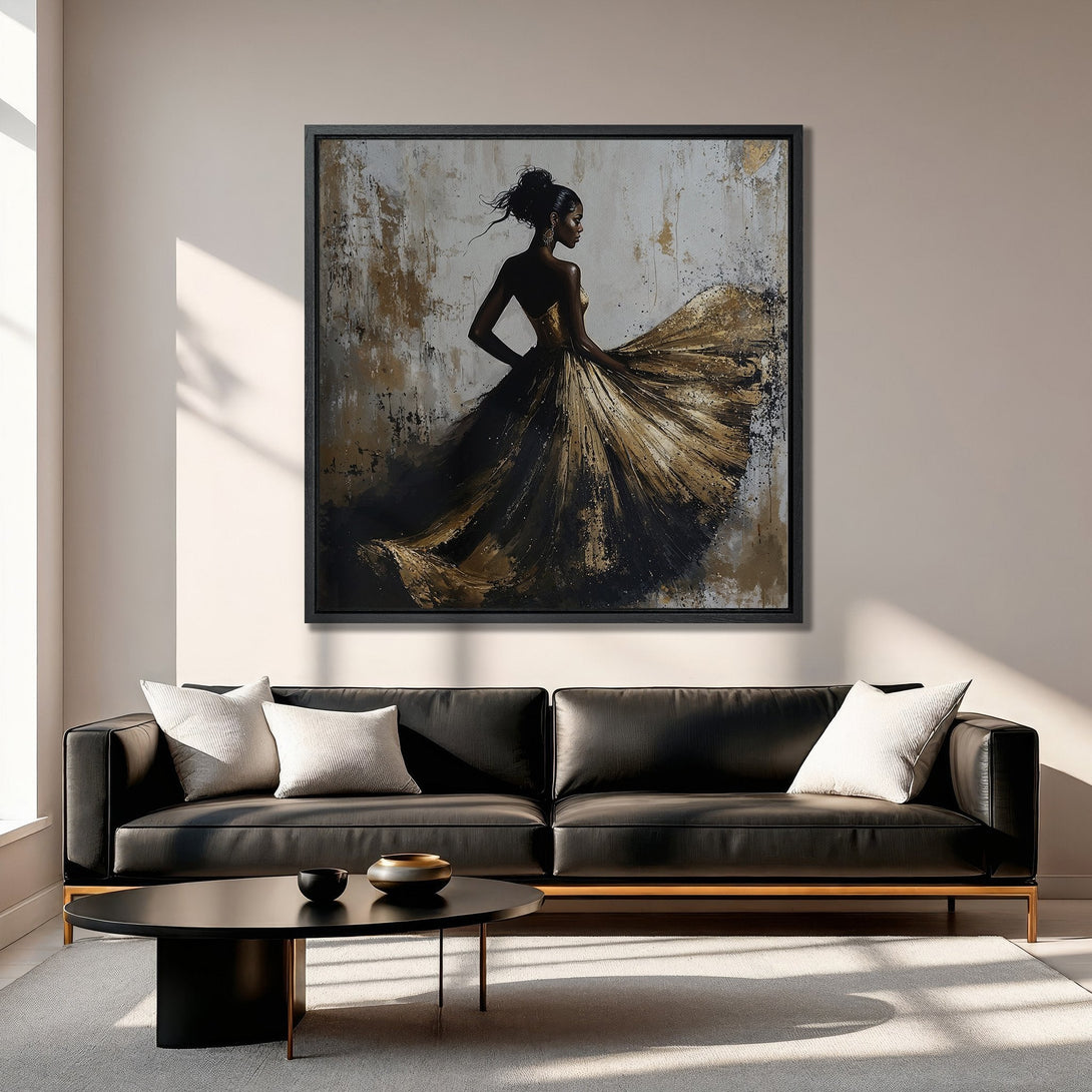 Framed Wall Art: Abstract painting of a woman in a golden dress. Modern art style with a neutral and gold color palette, perfect for interior decor.