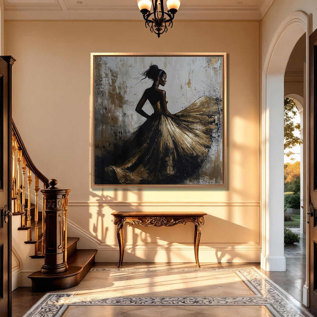 Framed Wall Art: Elegant woman in gold dress. Abstract art canvas print with black, gold, and cream tones. Perfect for luxury home decor.