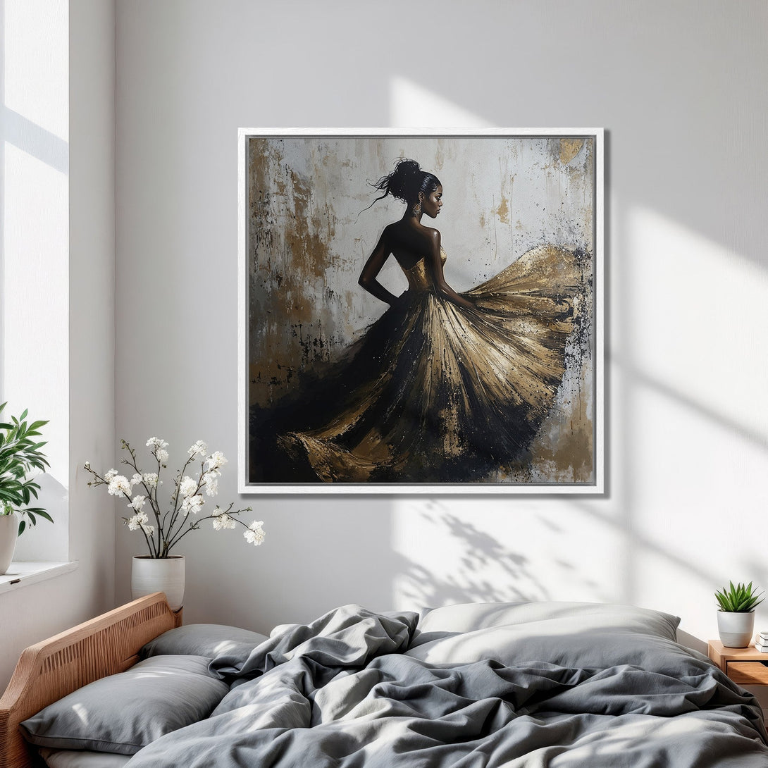 Framed Wall Art featuring a woman in a flowing gold dress. Abstract style with a neutral and gold color palette, perfect for bedroom decor.
