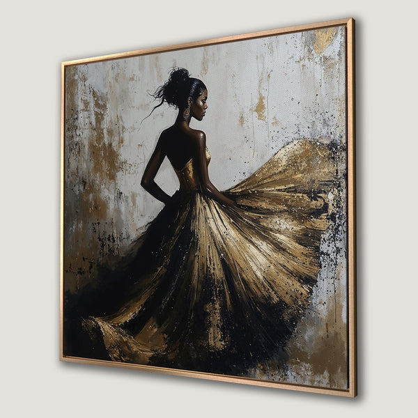 Framed Wall Art: Elegant woman in gold dress, abstract art style, neutral & gold color palette. Elevate your space with this stunning Canvas Print.