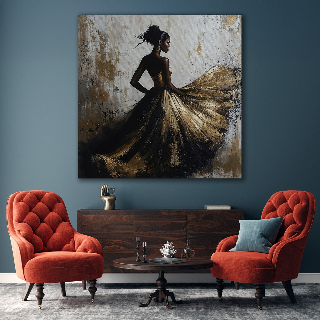Framed Wall Art: Abstract painting of woman in gold dress. Elegant, modern artwork with a neutral color palette, perfect for home decor.