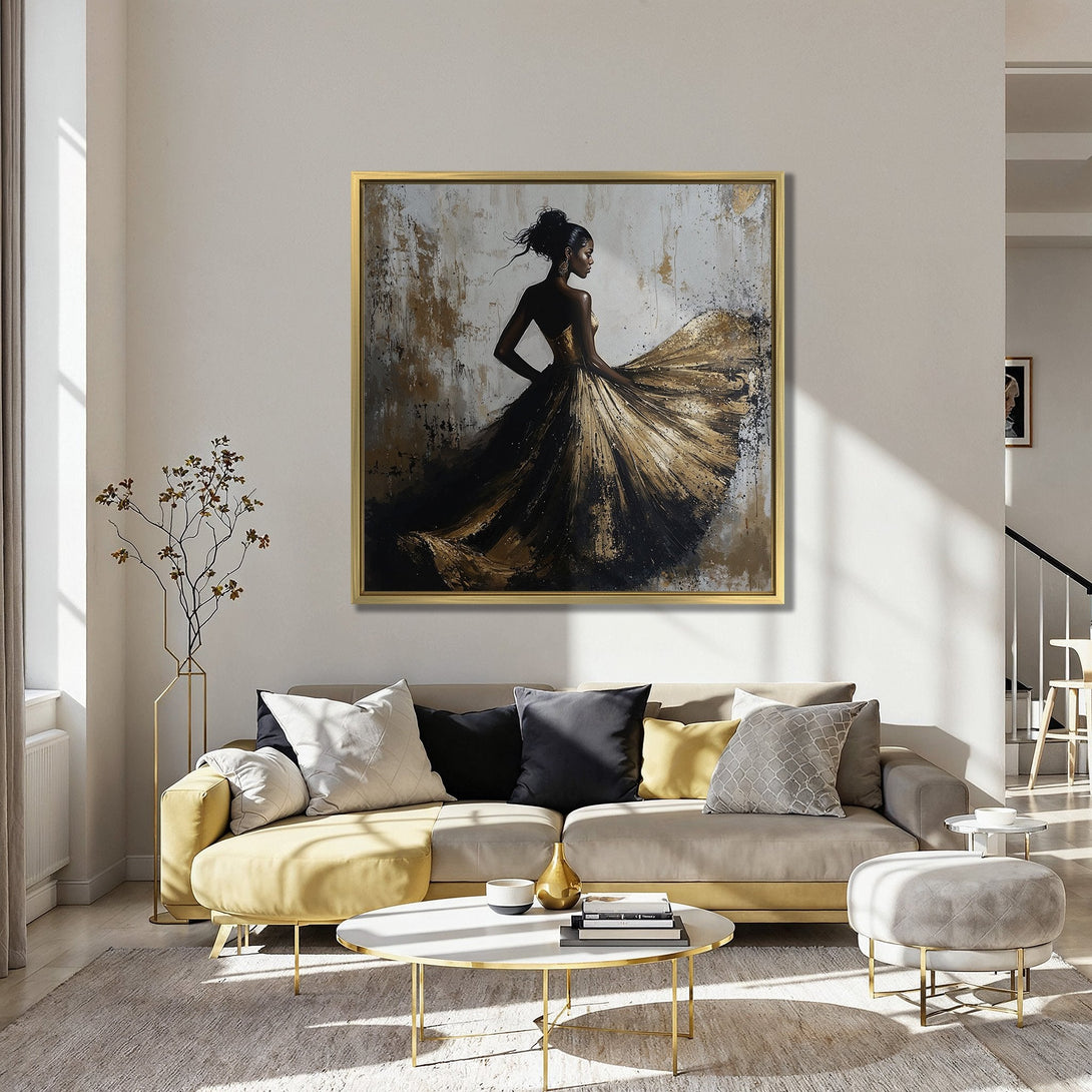 Canvas Print of a woman in a gold dress, abstract art style. Stunning wall art with a black, gold, and white color palette for a luxurious interior.