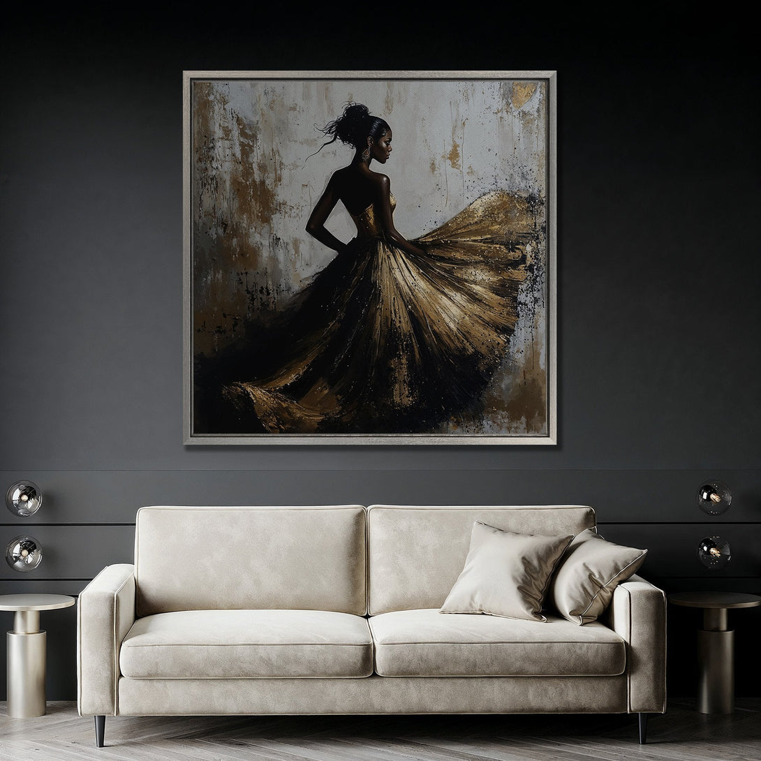 Framed Wall Art: Abstract painting of a woman in a gold dress. Dramatic, modern style with a black, white, and gold color palette. Interior decor.