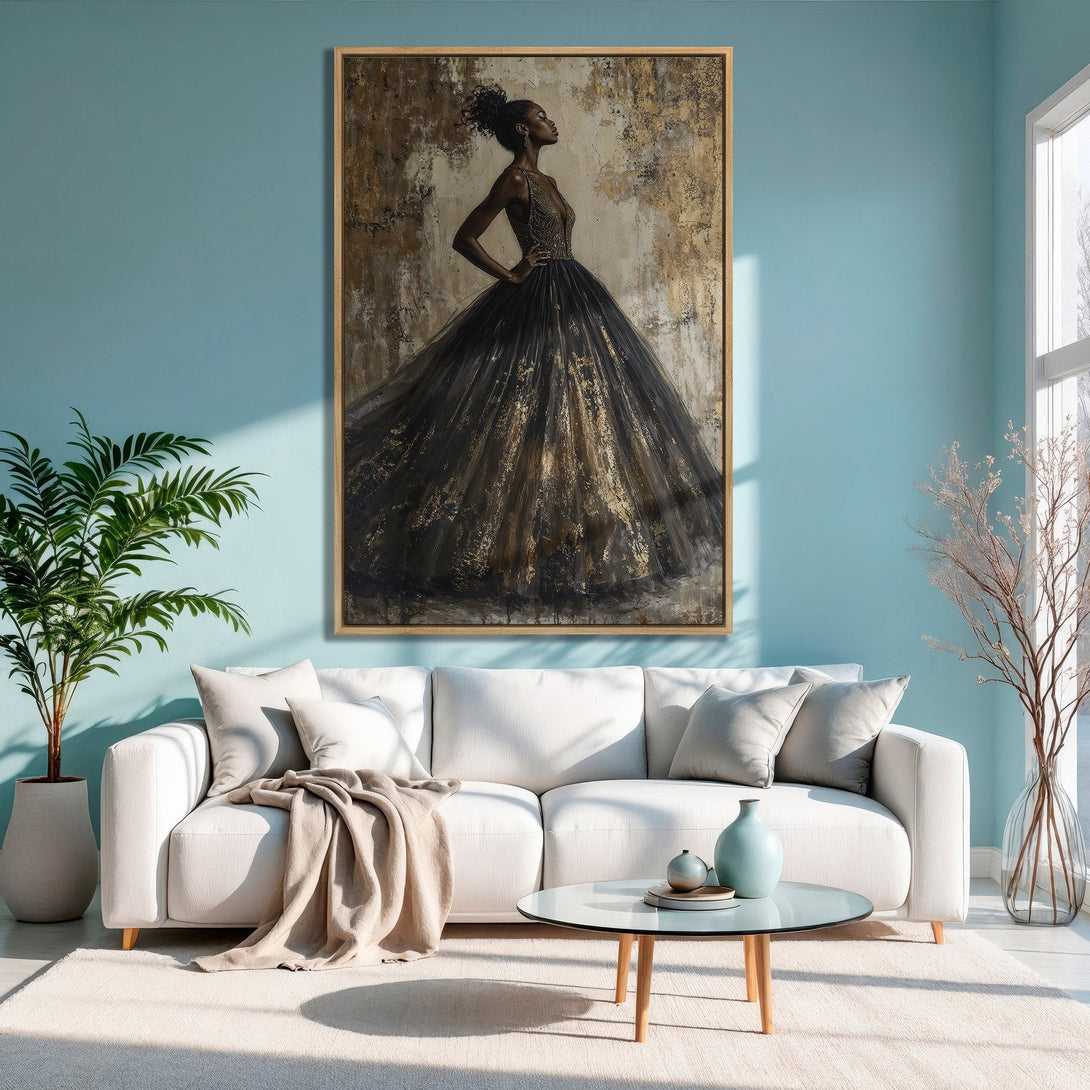 Framed Wall Art: Elegant woman in a black and gold gown. Modern abstract style with a warm, neutral color palette. Perfect for living room decor.
