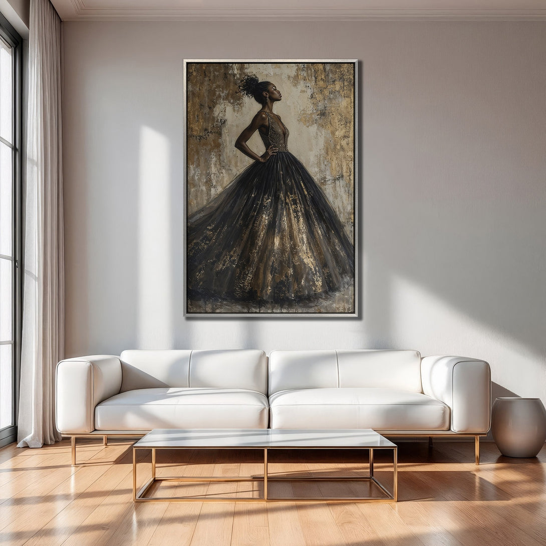 Framed Wall Art featuring an elegant woman in a black and gold gown. A sophisticated abstract portrait with a neutral color palette. Perfect for modern decor.