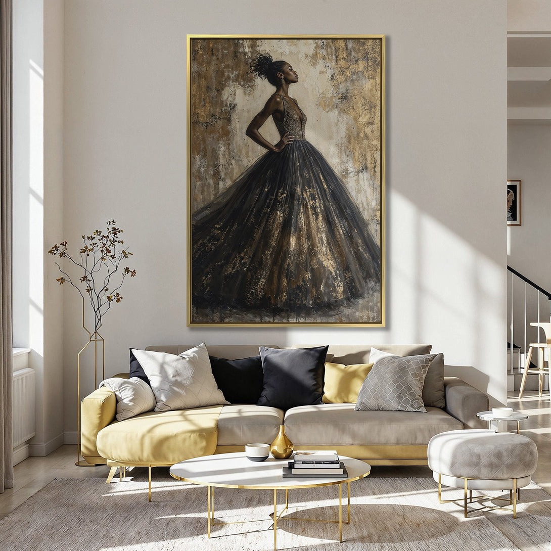 Canvas Print of elegant woman in black and gold dress, modern art, neutral color palette, perfect for home decor.