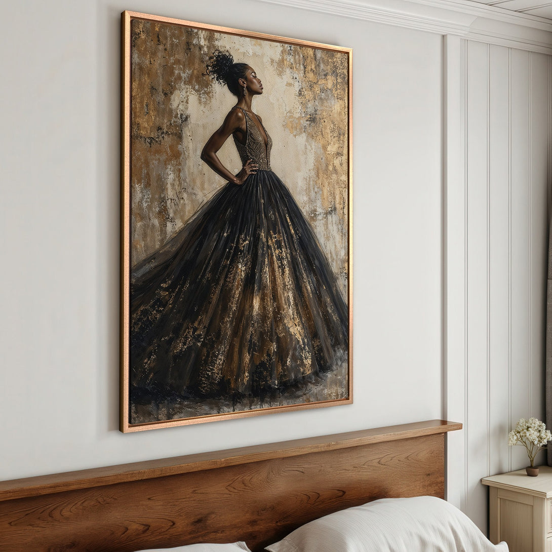 Framed Wall Art: Elegant woman in black gown, gold and black abstract painting. Perfect for bedroom decor. Luxurious art with a gold and neutral color palette.