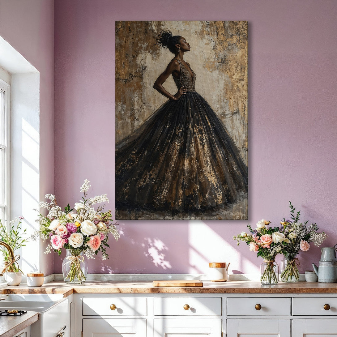 Framed Wall Art: Elegant woman in a black and gold gown. Modern art print with a neutral color palette, perfect for adding sophistication to any space.