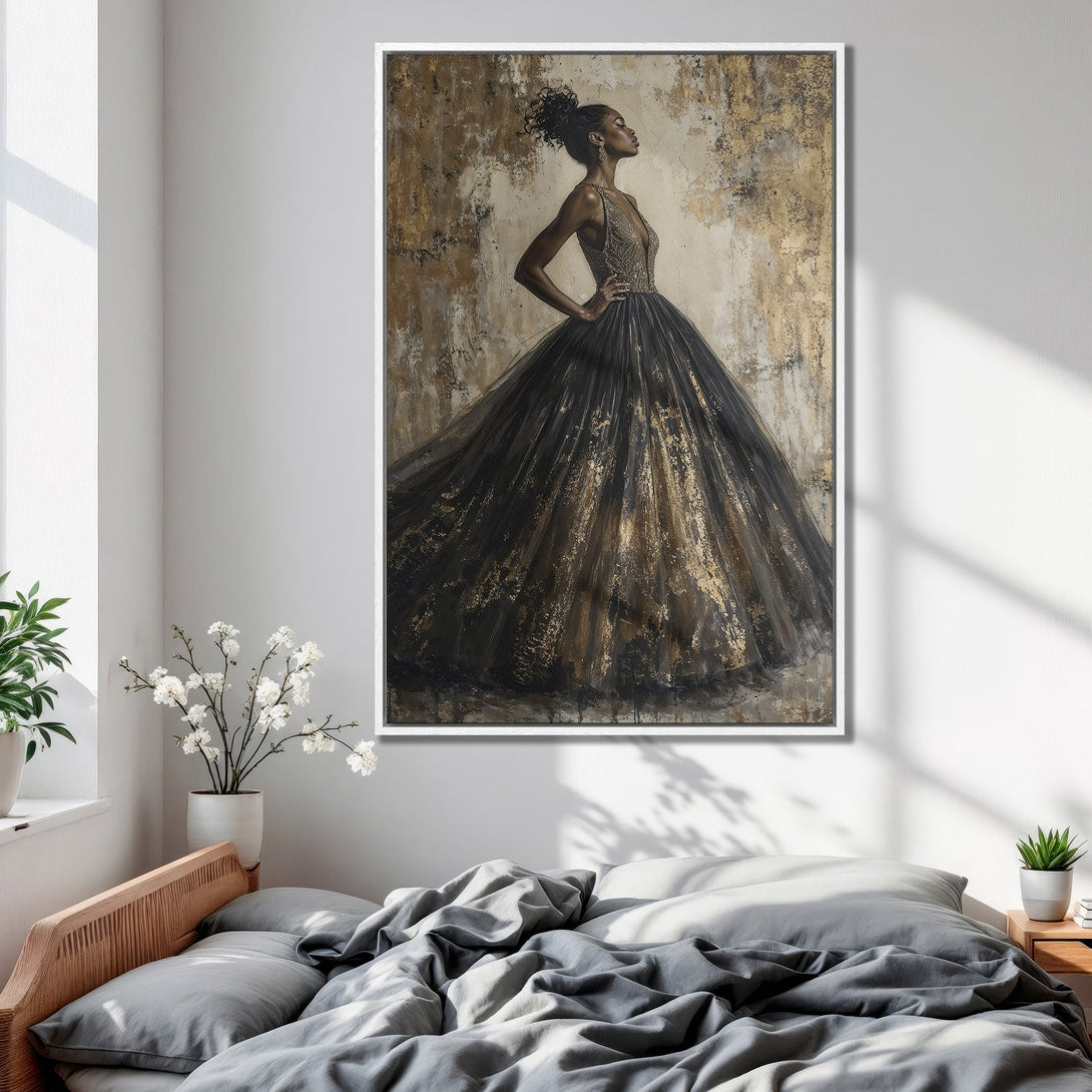 Framed Wall Art of elegant woman in black and gold dress. Abstract style, neutral color palette. Perfect bedroom decor. Canvas Print available.