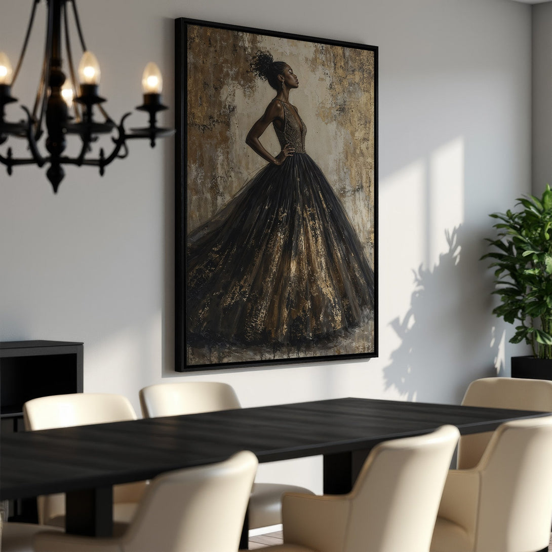 Framed Wall Art featuring a stunning woman in a gown. Elegant, abstract style with a gold and black color palette. Perfect for adding a touch of luxury.