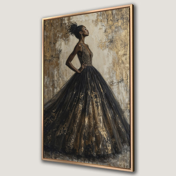 Framed Wall Art: Elegant woman in black and gold gown. Abstract style with a rich, warm color palette. Perfect for adding sophistication to your space.