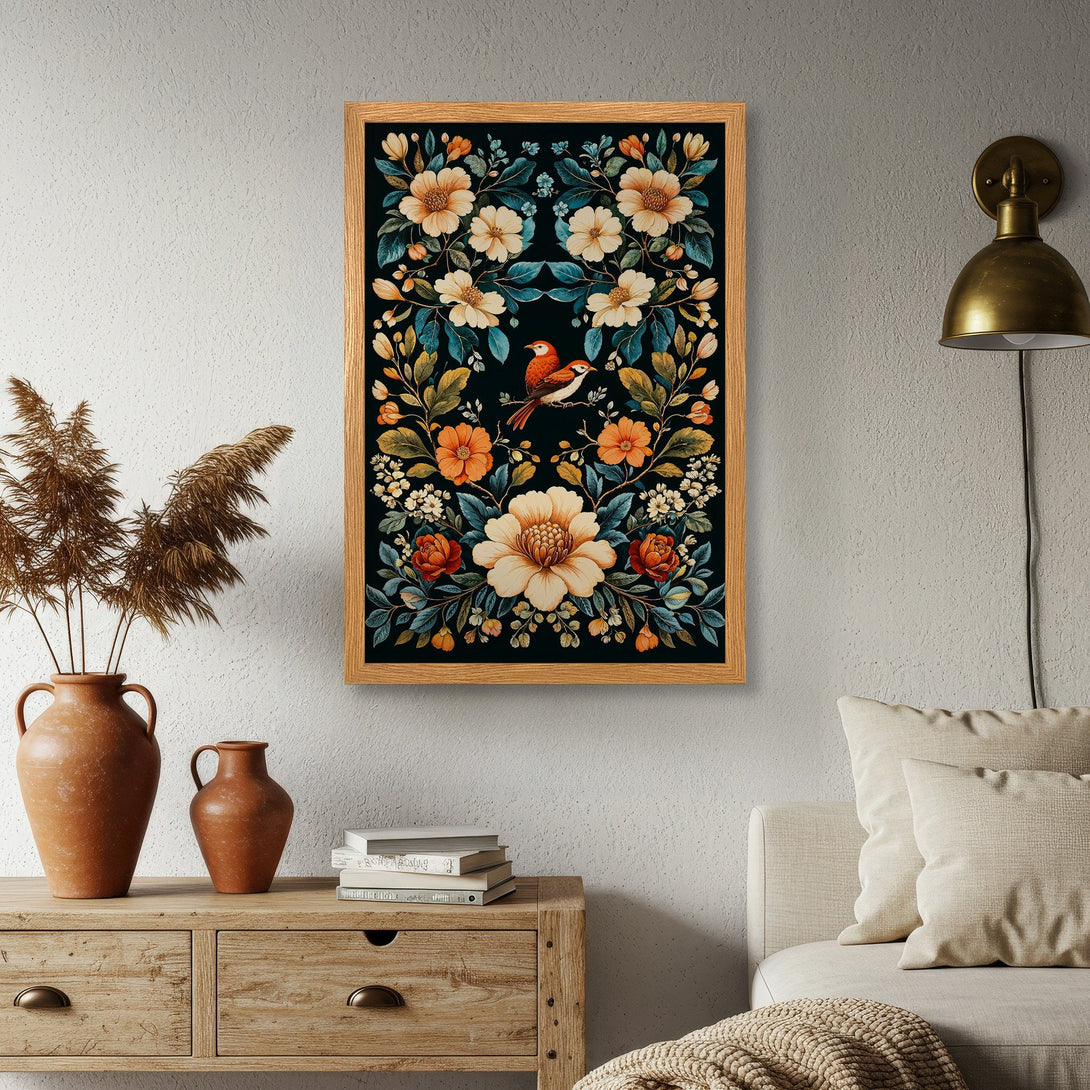 Framed Poster featuring a floral design with birds, in a vintage style, with a warm color palette. Perfect wall art for your home!