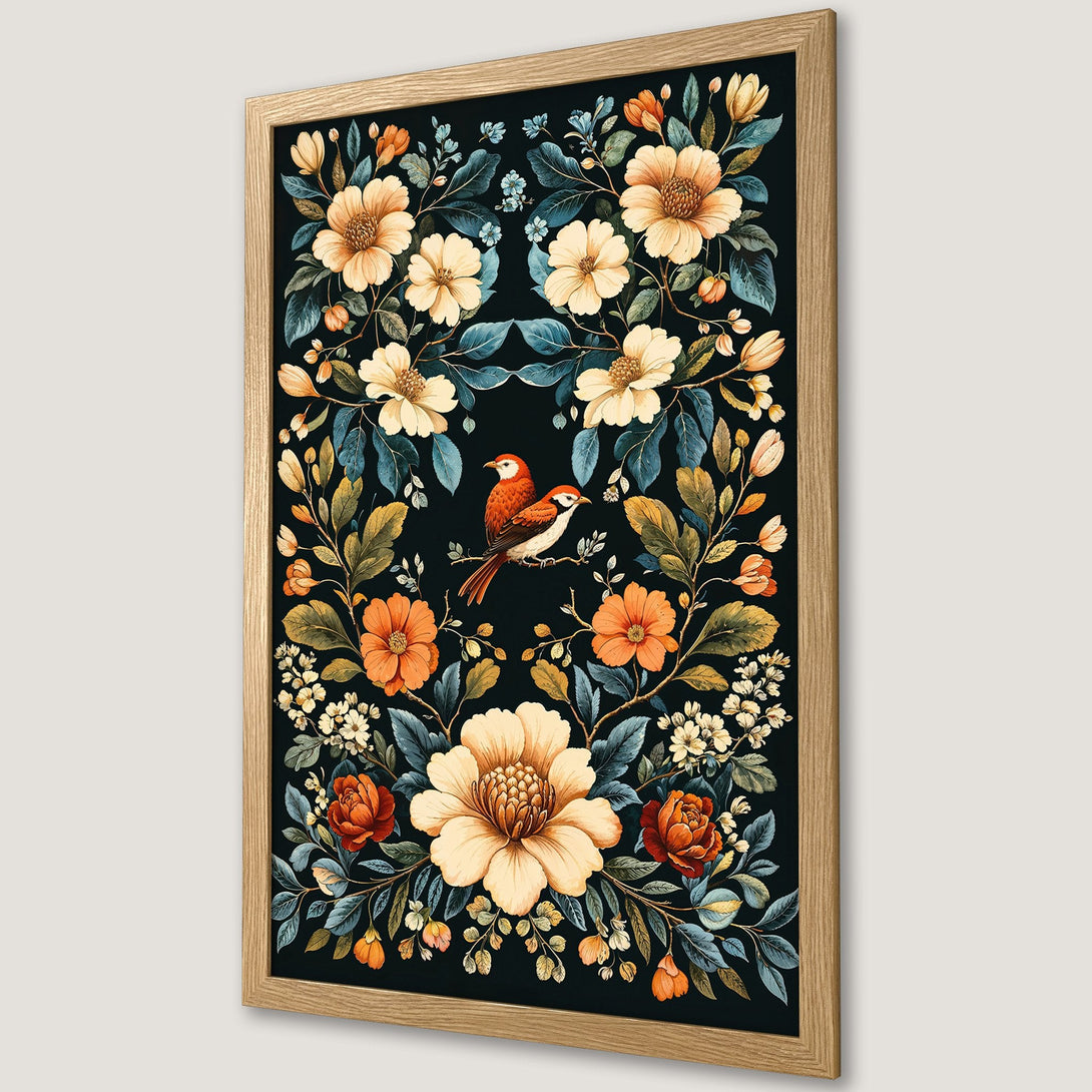 Framed Poster featuring floral design with birds, watercolor style, warm color palette. Perfect wall art for home decor.