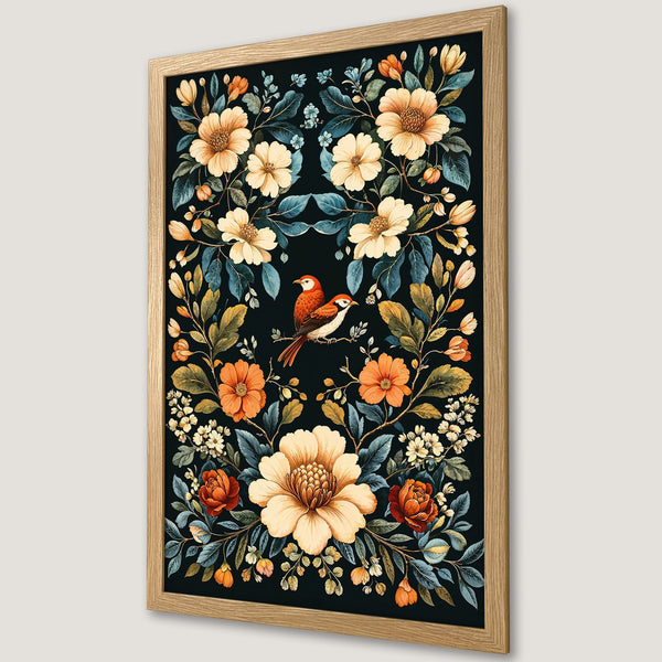 Framed Poster featuring floral design with birds, watercolor style, warm color palette. Perfect wall art for home decor.