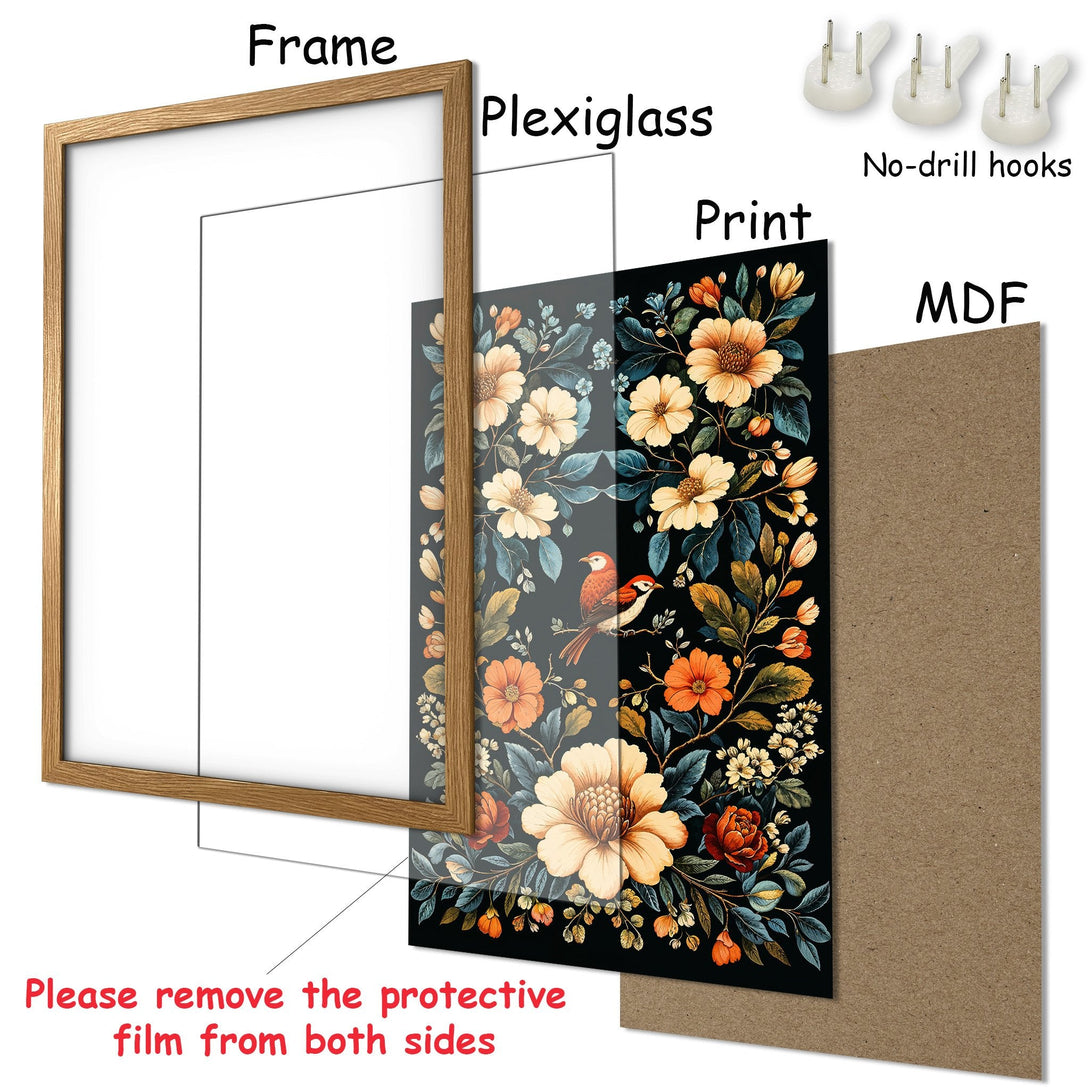 Framed Poster with floral design. Features a dark background, warm orange and cream flowers. Perfect wall art for your home!