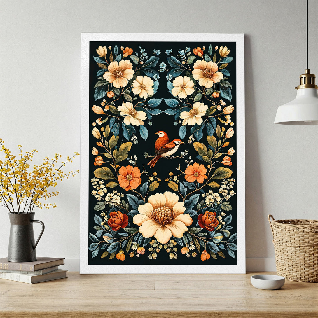 Framed Poster featuring floral design with birds, in a vintage style, with a warm, earthy color palette.