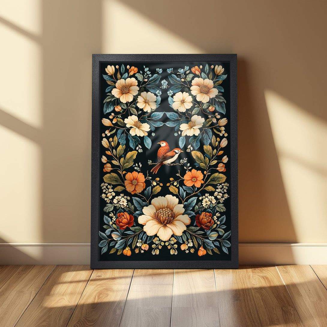 Framed Poster featuring birds and floral design in a vintage style with a warm, earthy color palette. Perfect wall art for your home!