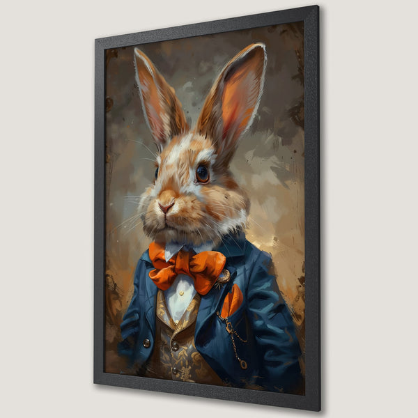Framed Poster featuring a dapper rabbit in a suit, painted in an expressive style with a warm, earthy color palette. Perfect wall art!