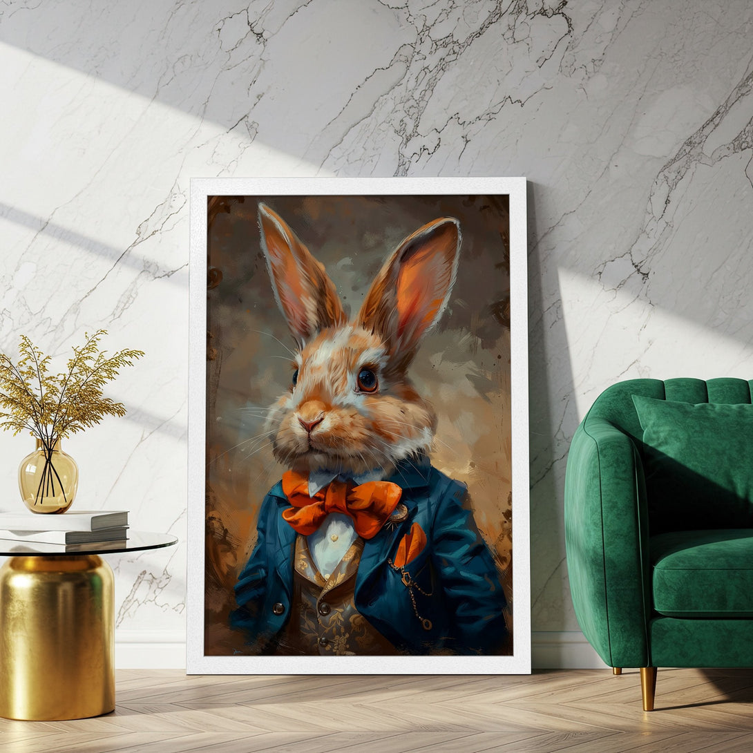 Framed Poster featuring a dapper rabbit in a blue suit. Artistic style with warm, earthy tones and vibrant orange accents. Perfect wall art!