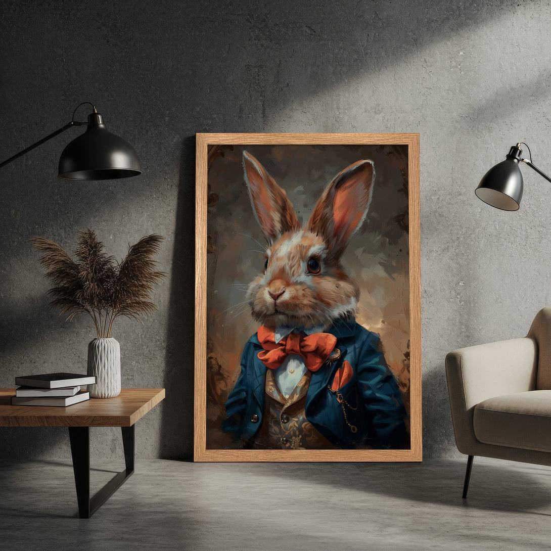 Framed Poster featuring a dapper rabbit in a blue suit, artistic style, warm color palette. Perfect wall art!